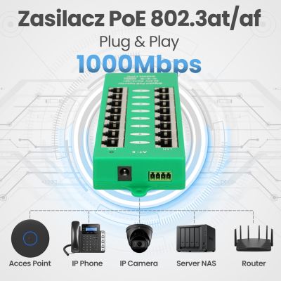 19. Extralink Gigabit PoE Injector 8 Portowy Aktywny, 8 portów Gigabit 802.3at/af, Mode A