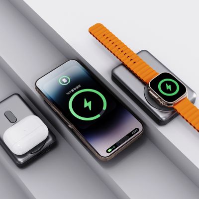 2. Powerbank Dudao K29 10000mAh PD 20W z MagSafe z metalową obudową, podstawką i wbudowanymi kablami USB-C/Lightning - szary