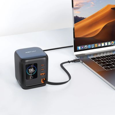 6. Ładowarka biurkowa Acefast Z10 GaN 100 W 3xUSB ze zwijanym kablem USB-C i wyświetlaczem TFT - czarna