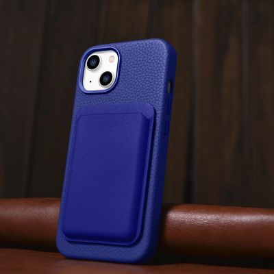 15. iCarer Litchi Premium Leather Case skórzane etui iPhone 14 magnetyczne z MagSafe ciemnoniebieski (WMI14220709-DB)