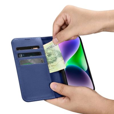 13. iCarer Wallet Case 2in1 etui iPhone 14 Plus skórzany pokrowiec z klapką Anti-RFID niebieski (WMI14220727-BU)