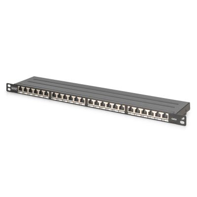 14. Panel krosowy high density 19'' 24x RJ45, LSA poziom, kat.6, ekranowany, 0.5U, czarny, prowadnica kabli