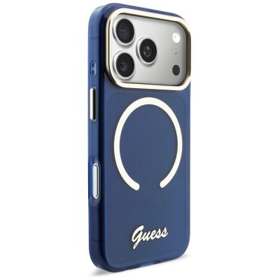 4. Etui Guess IML Script Metal MagSafe na iPhone 17 Pro Max - niebieskie