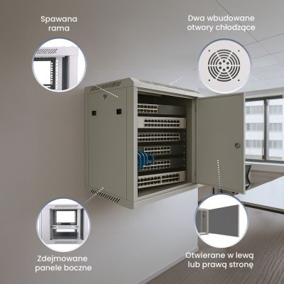 13. Extralink Szafa rack 9U 600x600 ASP Szara montowana na ścianie, drzwi blaszane pełne