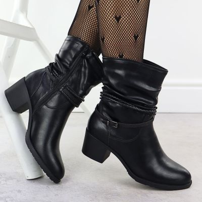 6. Marszczone botki na klocku damskie czarne Jezzi ASA128-63