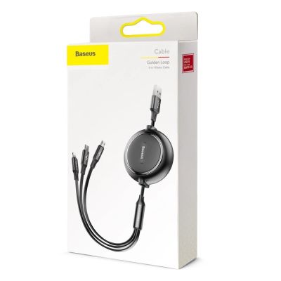 18. Baseus Golden Loop rozwijany kabel 3w1 USB - micro USB / Lightning / USB-C 3.5A 35cm - 120cm czarny (CAMLT-JH01)