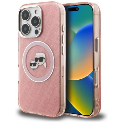 Etui Karl Lagerfeld IML Glitter Karl & Choupette Heads Logo MagSafe na iPhone 16 Pro - różowe