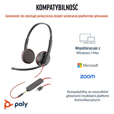103. POLY Stereofoniczny zestaw słuchawkowy USB-C Blackwire 3225 + wtyczka 3,5 mm + przejściówka USB-C/A (opakowanie zbiorcze)