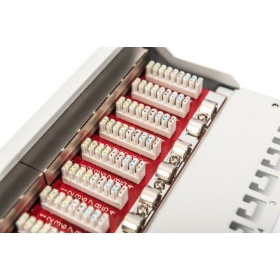 6. Digitus Panel krosowy (patch panel) 10'' 12x RJ45, LSA poziom, kat.6A, ekranowany, 1U, szary, prowadnica kabli