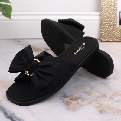 9. Klapki damskie płaskie z kokardą czarne eVento 5479