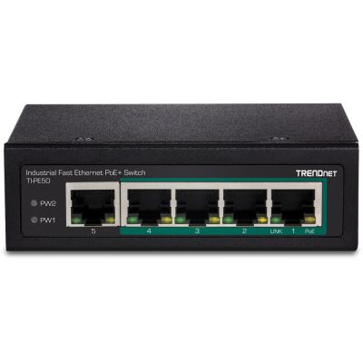 3. Switch TRENDnet TI-PE50 - niezarządzalny - 4 x 10/100 (PoE+) + 1 x 10/100 - możliwość montażu na szynie DIN, montaż na ścianie - PoE+ (90 W) - DC
