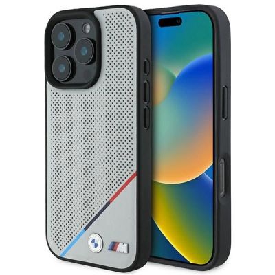Etui BMW M Perforated Tricolor Line MagSafe na iPhone 16 Pro - szare