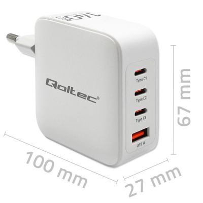 6. Qoltec Ładowarka sieciowa 140W GaN  | 5-20V | 2.5-5A | 3 x USB-C PD | 1 x USB QC 3.0 | Biała