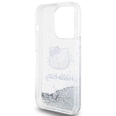 7. Etui Hello Kitty Liquid Glitter Charms Kitty Head na iPhone 15 Pro - srebrne