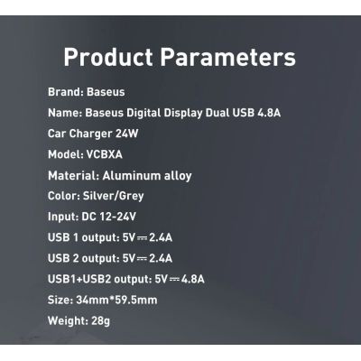 14. Baseus ładowarka samochodowa 2x USB 4,8A 24W z LCD + kabel 3w1 USB - USB Typ C / micro USB / Lightning 1,2m czarny (TZCCBX-0G)