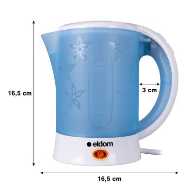 15. ELDOM CZAJNIK TURYSTYCZNY C190 LINO 0,6 L 550W NIEBIESKI + DWA KUBKI, DWIE ŁYŻECZKI