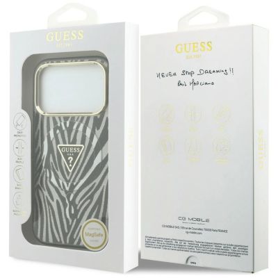 8. Etui Guess IML Zebra Glitter Triangle Logo MagSafe na iPhone 17 Pro Max / 18 Pro Max  - srebrne