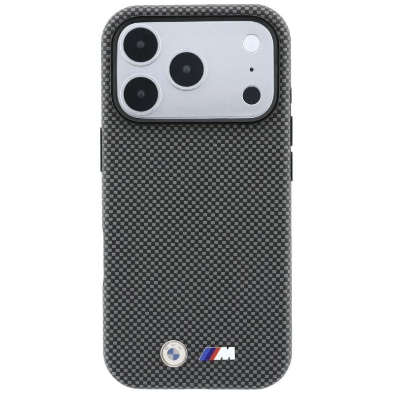 3. Etui BMW M Quadrille Kevlar Metal Logo MagSafe na iPhone 17 Pro Max / 18 Pro Max - szare