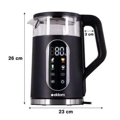 11. ELDOM CZAJNIK BEZPREWODOWY Z REGULACJĄ TEMPERATURY C560 NUVIA 2000W 1,7 L ,WYŚWIETLACZ LED , REGULACJE TEMPERATURY WODY