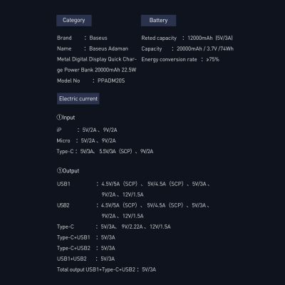20. Baseus Adaman powerbank z szybkim ładowaniem 20000mAh 22.5W + kabel USB-A - USB-C 3A 0.3m czarny