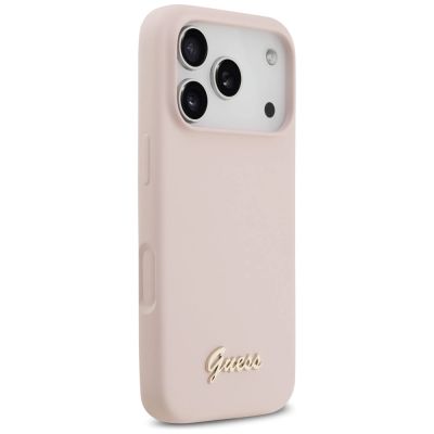 4. Etui Guess Silicone Script Metal Logo MagSafe na iPhone 17 Pro - różowe