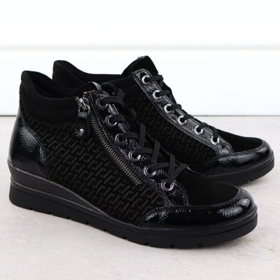 3. Skórzane botki na koturnie czarne Rieker Remonte R0773-05