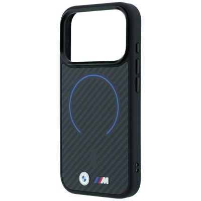 6. Etui BMW M Kevlar Blue Print Ring Metal Logo MagSafe na iPhone 18 Pro / 17 Pro - czarne