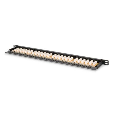 20. Digitus Panel krosowy (patch panel) high density 19'' 24x RJ45, LSA poziom, kat.6, nieekranowany, 0.5U, czarny, prowadnica kabli