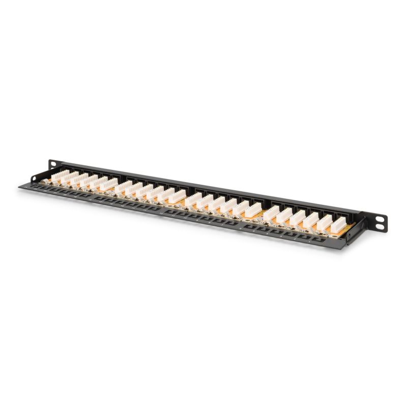 20. Digitus Panel krosowy (patch panel) high density 19'' 24x RJ45, LSA poziom, kat.6, nieekranowany, 0.5U, czarny, prowadnica kabli