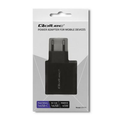 2. QOLTEC ŁADOWARKA SIECIOWA 42W | 5-20V | 2.25-3A | USB TYP C PD | USB | CZARNA