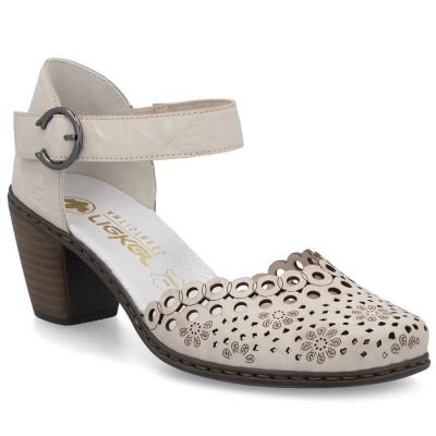 4. Skórzane sandały damskie na słupku beżowe Rieker 40902-60