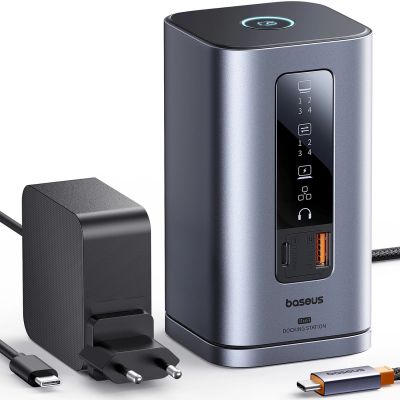 4. Stacja dokująca Baseus Spacemate RD1 hub 11w1 USB-C - 2xHDMI 4K@60Hz 2xDP 4K@60Hz 2xUSB-A 10Gb/s USB-C 10Gb/s RJ45 USB-A 480Mb/s USB-C PD mini jack 3.5mm ładowarka EU - szara