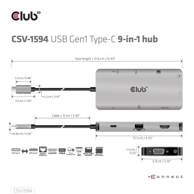 9. CLUB3D CSV-1594 stacja dokująca USB 3.2 Gen 1 (3.1 Gen 1) Type-C Czarny, Szary