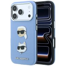 Etui Karl Lagerfeld Saffiano with Karl & Choupette Heads Pins & Logo na iPhone 18 Pro / 17 Pro - jasnoniebieskie