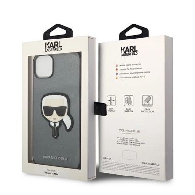 8. Etui Karl Lagerfeld Saffiano Karl's Head Patch na iPhone 14 Plus - srebrne