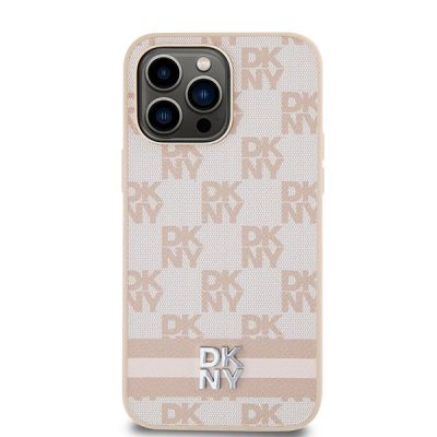 3. Etui DKNY Leather Checkered Mono Pattern & Printed Stripes na iPhone 14 Pro Max - różowe