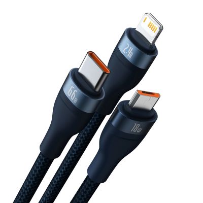 2. Baseus Flash Series Ⅱ kabel 3w1 do szybkiego ładowania USB-A do USB-C / Micro-USB / Lightning 66W 480Mb/s 1.2m niebieski