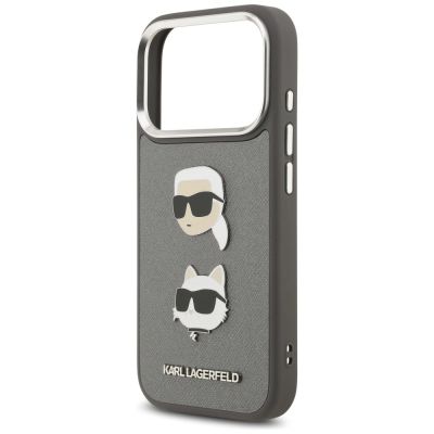 6. Etui Karl Lagerfeld FW Grained Karl & Choupette Heads Pins & Logo na iPhone 17 Pro - szare