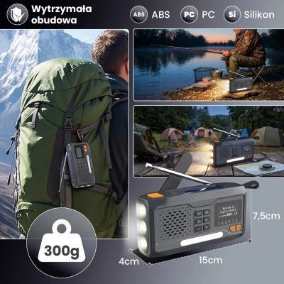 6. Extralink RADIO AWARYJNE BLUETOOTH SOLARNE Z KORBKA DYNAMO POWERBANK 4000MAH Z LATARKA SOS BT-4000 Przenośny Analogowe i cyfrowe Czarny, Pomarańczowy