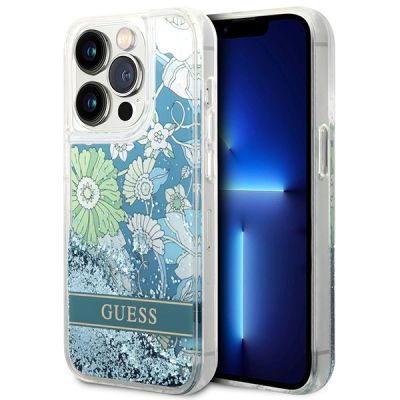 Etui Guess Flower Liquid Glitter na iPhone 14 Pro - zielone