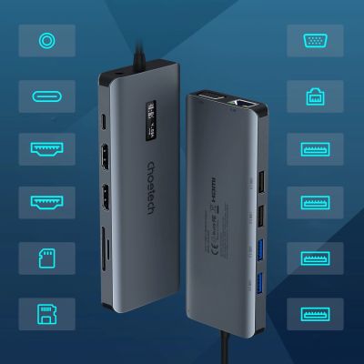 9. Choetech HUB wielofunkcyjny z wyświetlaczem 12w1 USB-C do 1xUSB-C/4xUSB-A/2xHDMI/1xVGA/1xAUX/czytnik kart pamięci szary (HUB-M26)
