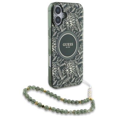 3. Etui Guess IML Flowers Allover Electro With Pearl Strap MagSafe na iPhone 16 Plus - zielone
