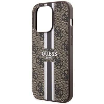 6. Etui Guess 4G Printed Stripes MagSafe na iPhone 15 Pro - brązowe