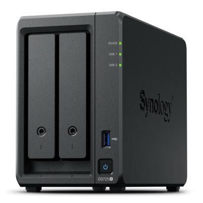 NAS Synology DS725+, Tower, 2x 2.5"/3.5" SATA + 2x M.2 2280 NVMe SSD; AMD Ryzen R1600; 4GB DDR4 (max.32GB), 1x 1GbE RJ-45, 1x 2.5GbE RJ-45, 1x USB 3.2, adapter 65W