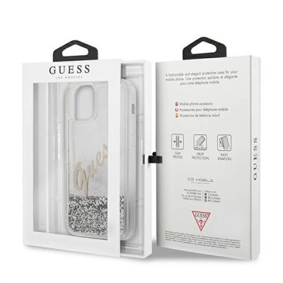 9. Etui Guess Glitter Vintage Script na iPhone 12 Pro Max - srebrne