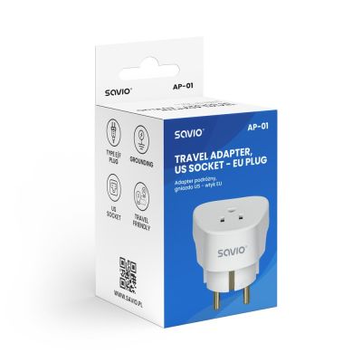 4. SAVIO ADAPTER PODRÓŻNY, GNIAZDO US – WTYK EU AP-01