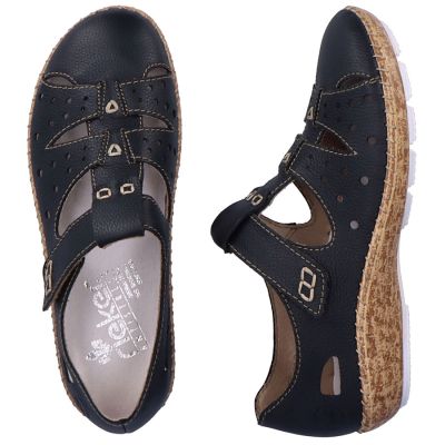 4. Skórzane półbuty damskie ażurowe komfortowe na rzep czarne Rieker 44852-14