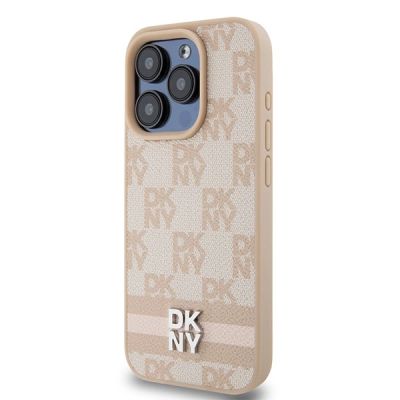 2. Etui DKNY Leather Checkered Mono Pattern & Printed Stripes na iPhone 15 Pro - różowe
