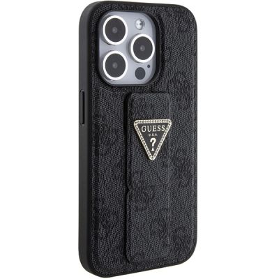 5. Etui Guess Grip Stand 4G Triangle Strass na iPhone 15 Pro - czarne