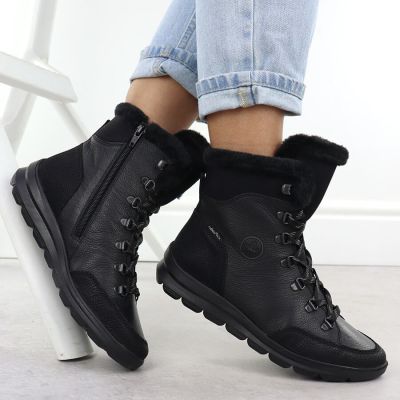 5. Skórzane wodoodporne botki damskie z futerkiem czarne Rieker  Z0000-00